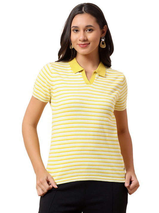 T-Shirt for Women | Breathable & Soft with Color Fastness Regular Fit Polo Neck Cotton Nylon Fabric Striped Pattern