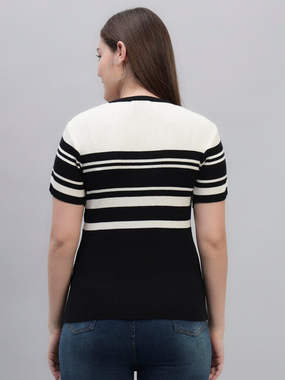 Women's Black Striped Half Sleeves Round Neck Casual T Shirt