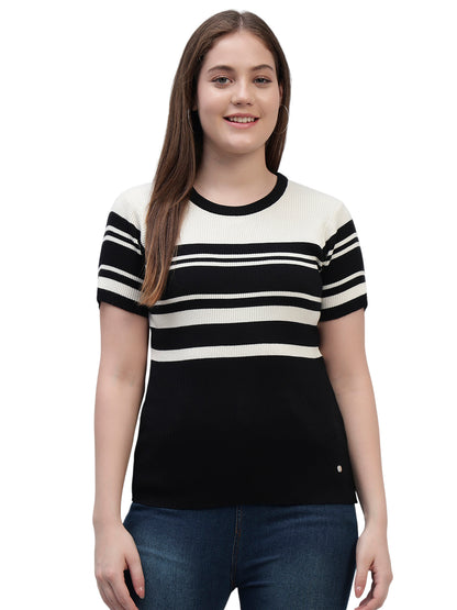 Women's Black Striped Half Sleeves Round Neck Casual T Shirt