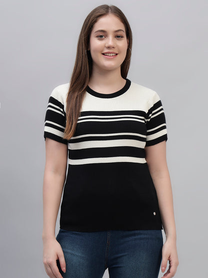 Women's Black Striped Half Sleeves Round Neck Casual T Shirt
