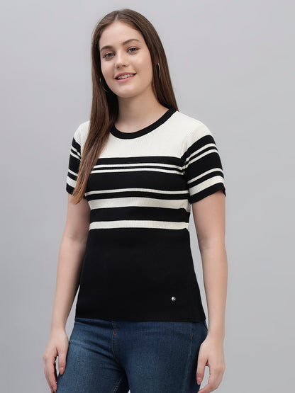 Women's Black Striped Half Sleeves Round Neck Casual T Shirt