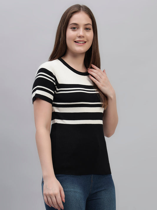 Women's Black Striped Half Sleeves Round Neck Casual T Shirt