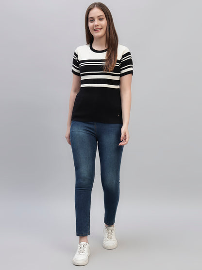 Women's Black Striped Half Sleeves Round Neck Casual T Shirt