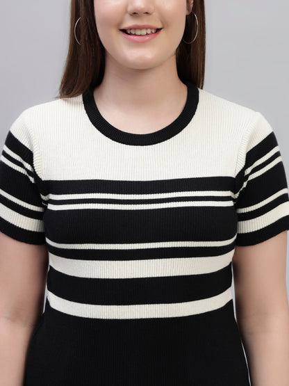 Women's Black Striped Half Sleeves Round Neck Casual T Shirt