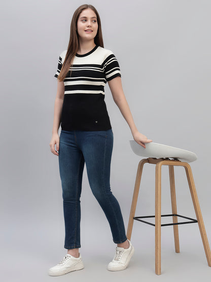 Women's Black Striped Half Sleeves Round Neck Casual T Shirt