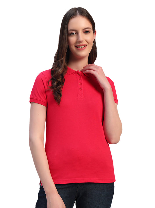 Women's Solid Coral Polo Neck Half Sleeves Casual T-Shirt