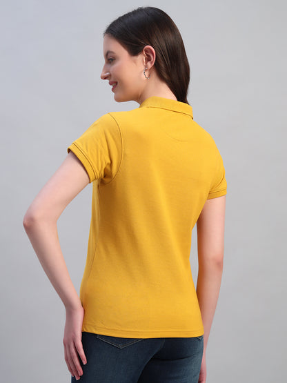 Women Mustard Solid Half Sleeves Polo Neck Casual T-Shirt