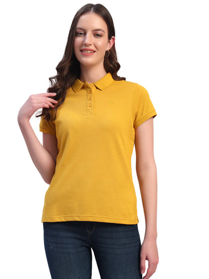 Women Mustard Solid Half Sleeves Polo Neck Casual T-Shirt