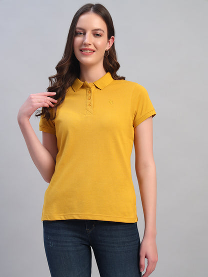 Women Mustard Solid Half Sleeves Polo Neck Casual T-Shirt