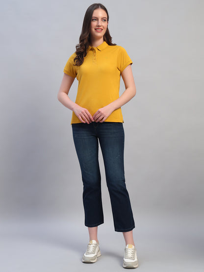 Women Mustard Solid Half Sleeves Polo Neck Casual T-Shirt