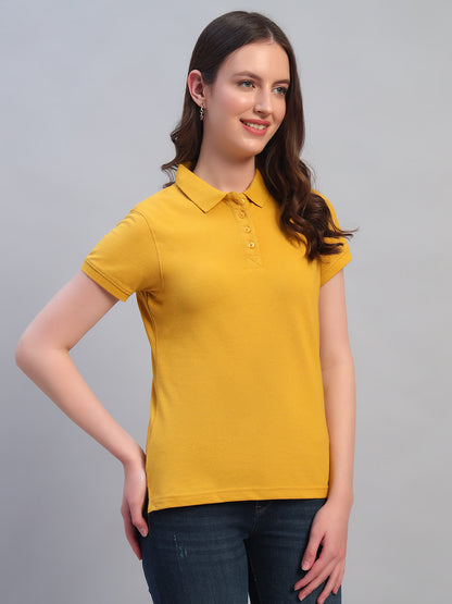 Women Mustard Solid Half Sleeves Polo Neck Casual T-Shirt