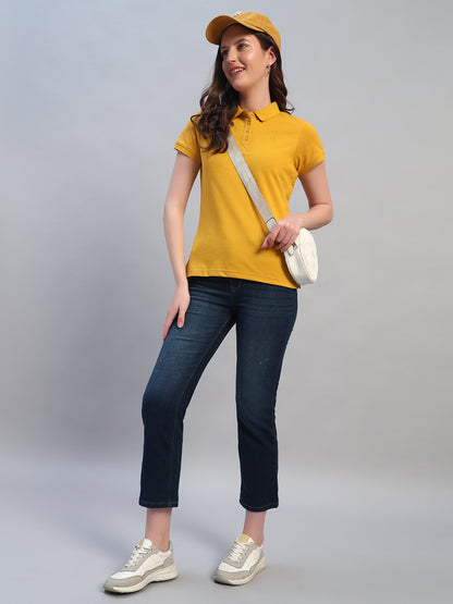 Women Mustard Solid Half Sleeves Polo Neck Casual T-Shirt