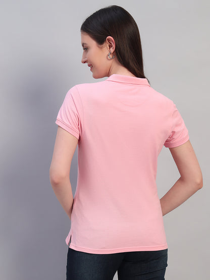 Women Pink Solid Half Sleeves Polo Neck Casual T-Shirt