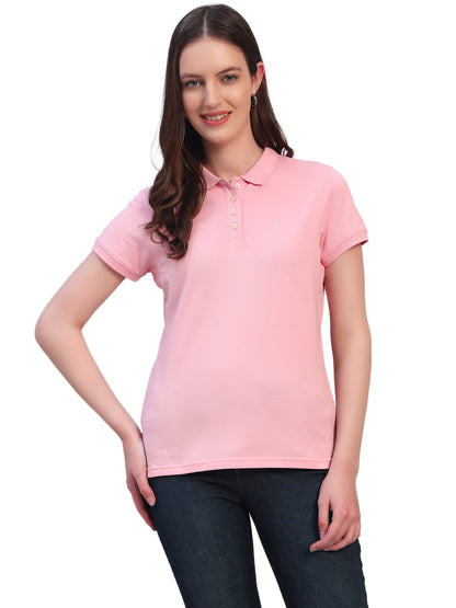 Women Pink Solid Half Sleeves Polo Neck Casual T-Shirt
