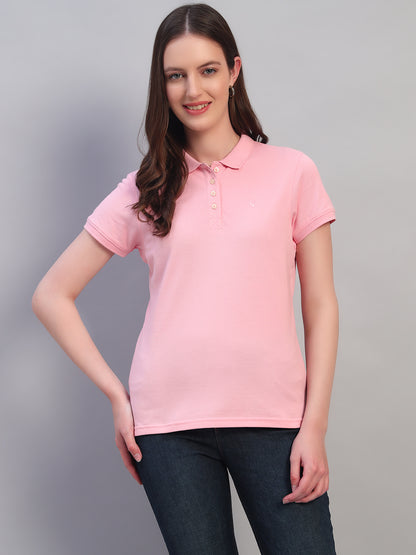 Women Pink Solid Half Sleeves Polo Neck Casual T-Shirt