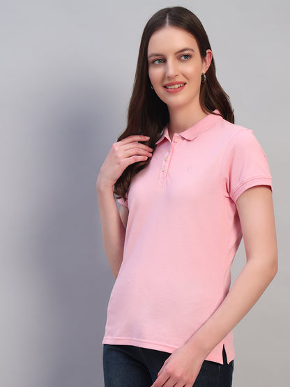 Women Pink Solid Half Sleeves Polo Neck Casual T-Shirt