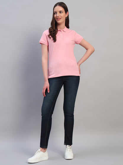 Women Pink Solid Half Sleeves Polo Neck Casual T-Shirt
