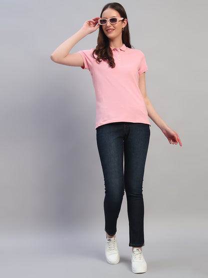 Women Pink Solid Half Sleeves Polo Neck Casual T-Shirt