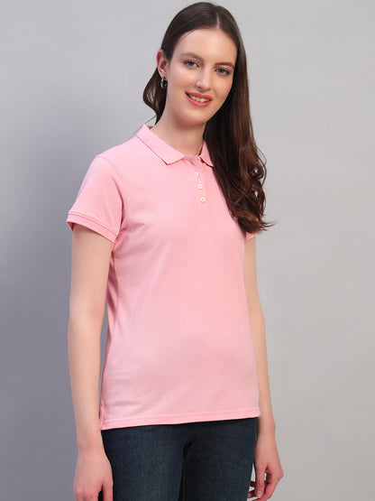 Women Pink Solid Half Sleeves Polo Neck Casual T-Shirt
