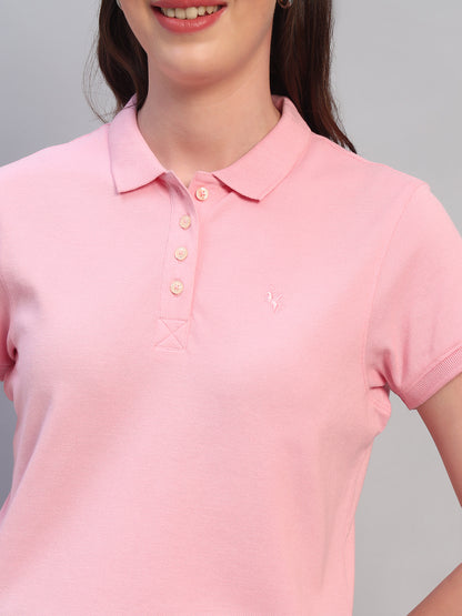 Women Pink Solid Half Sleeves Polo Neck Casual T-Shirt