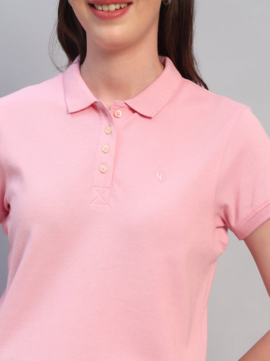 Women Pink Solid Half Sleeves Polo Neck Casual T-Shirt