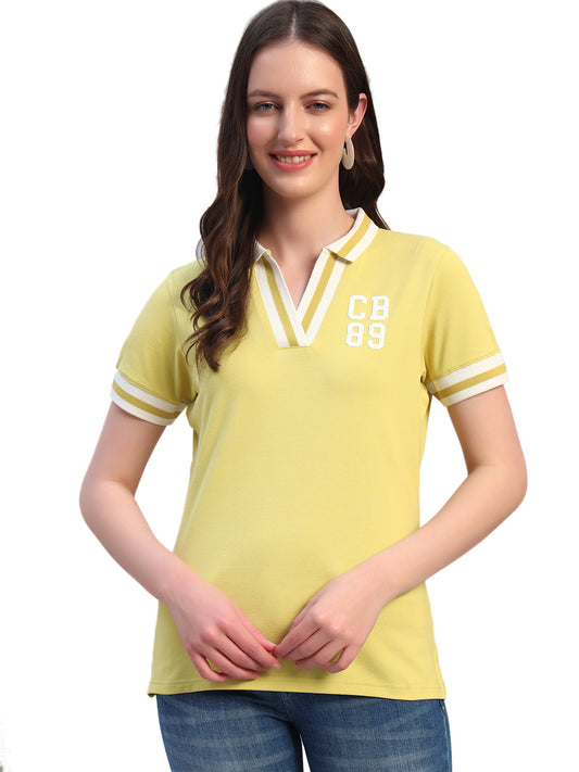Women's Solid Lime Green Polo Neck Half Sleeves Casual T-Shirt