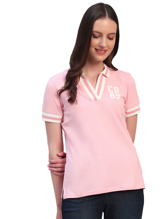 Women's Solid Powder Pink Polo Neck Half Sleeves Casual T-Shirt