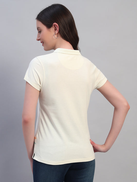 Women Beige Solid Half Sleeves Polo Neck Casual T-Shirt