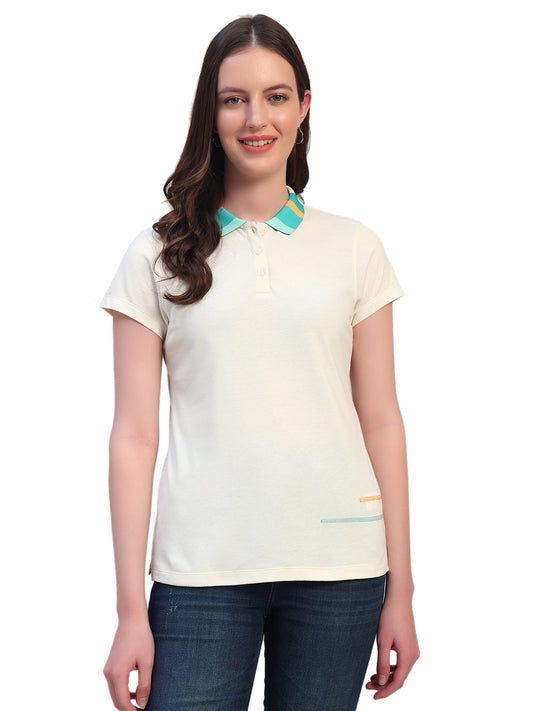 Women Beige Solid Half Sleeves Polo Neck Casual T-Shirt