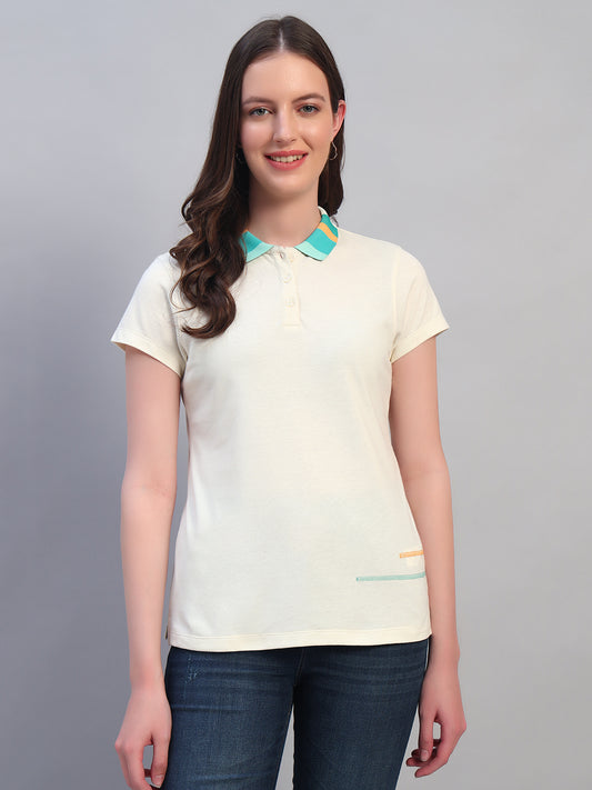 Women Beige Solid Half Sleeves Polo Neck Casual T-Shirt