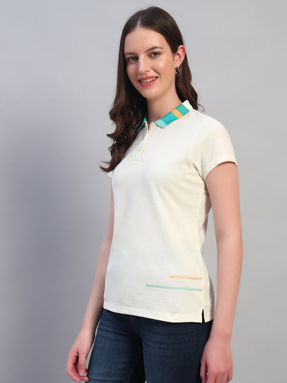 Women Beige Solid Half Sleeves Polo Neck Casual T-Shirt