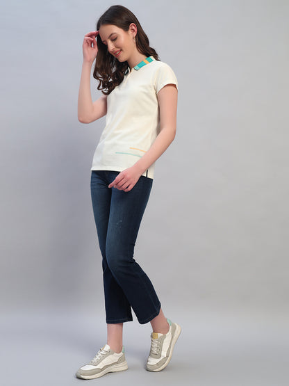 Women Beige Solid Half Sleeves Polo Neck Casual T-Shirt