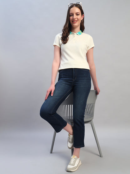Women Beige Solid Half Sleeves Polo Neck Casual T-Shirt