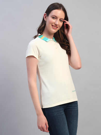Women Beige Solid Half Sleeves Polo Neck Casual T-Shirt