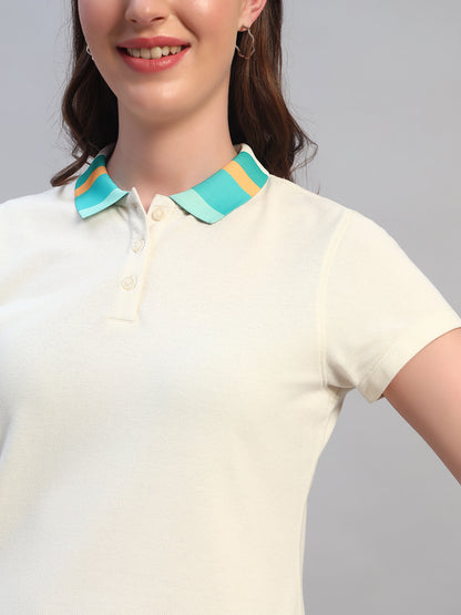 Women Beige Solid Half Sleeves Polo Neck Casual T-Shirt