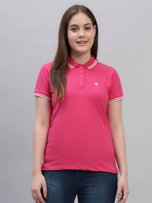 Women's Dark Pink Solid Half Sleeves Round Neck Casual T Shirt