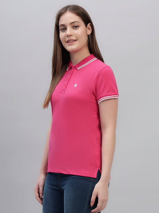 Women's Dark Pink Solid Half Sleeves Round Neck Casual T Shirt
