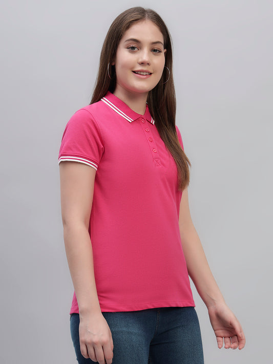 Women's Dark Pink Solid Half Sleeves Round Neck Casual T Shirt