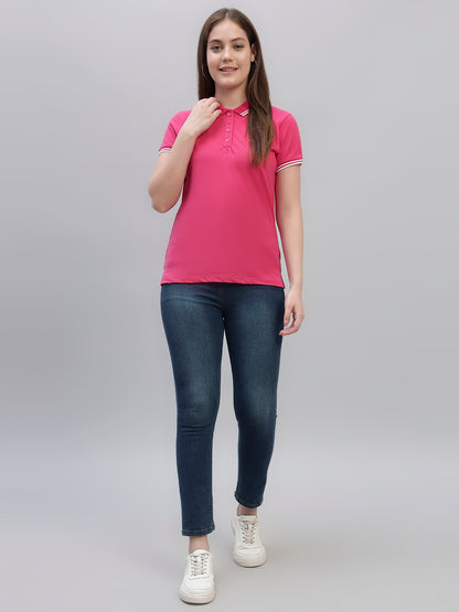 Women's Dark Pink Solid Half Sleeves Round Neck Casual T Shirt