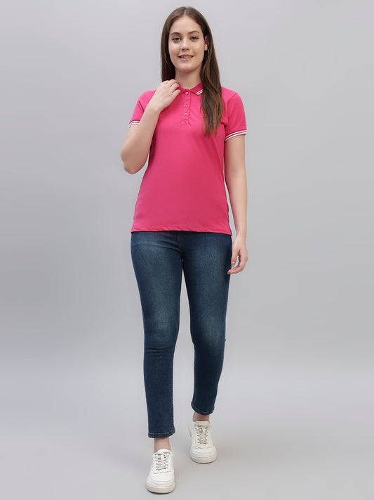 Women's Dark Pink Solid Half Sleeves Round Neck Casual T Shirt