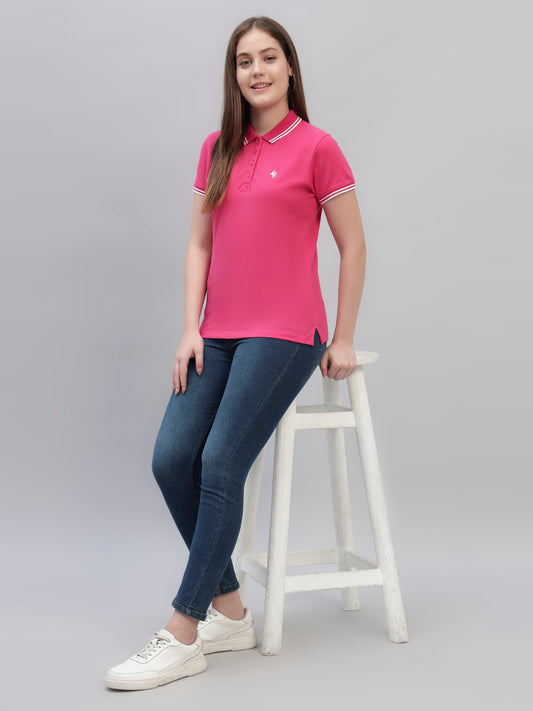 Women's Dark Pink Solid Half Sleeves Round Neck Casual T Shirt