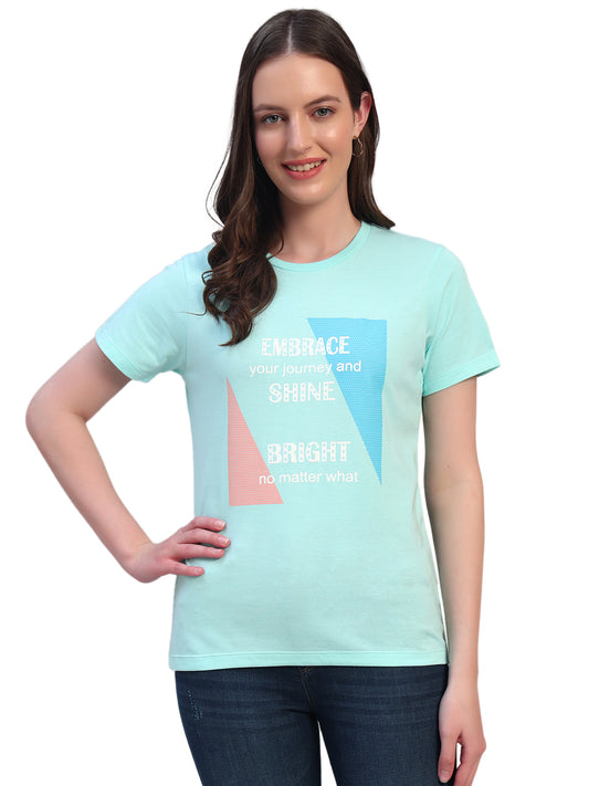 Women's Printed Aqua Round Neck Half Sleeves Casual T-Shirt