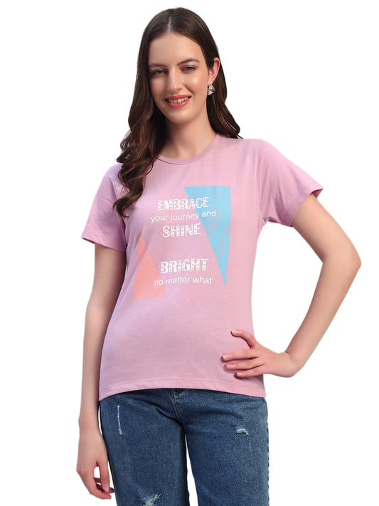 Women's Printed Mauve Round Neck Half Sleeves Casual T-Shirt