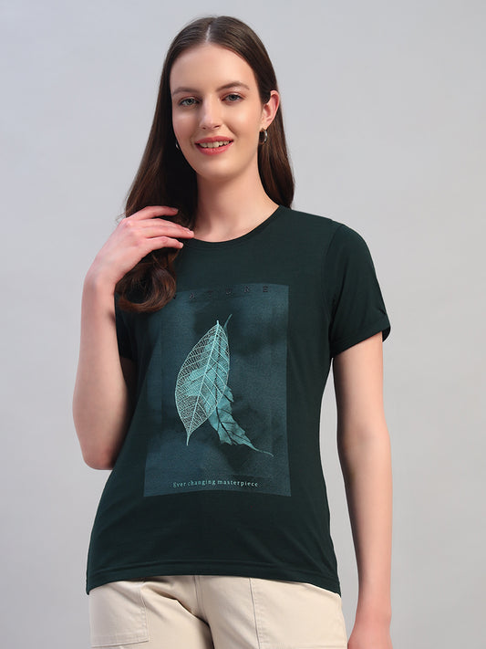 Women's Printed Bottle Green Round Neck Half Sleeves Casual T-Shirt