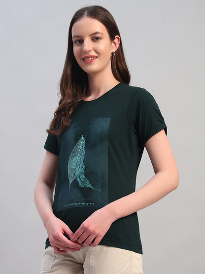 Women's Printed Bottle Green Round Neck Half Sleeves Casual T-Shirt
