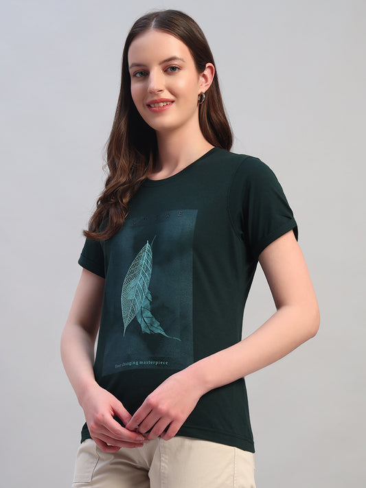 Women's Printed Bottle Green Round Neck Half Sleeves Casual T-Shirt