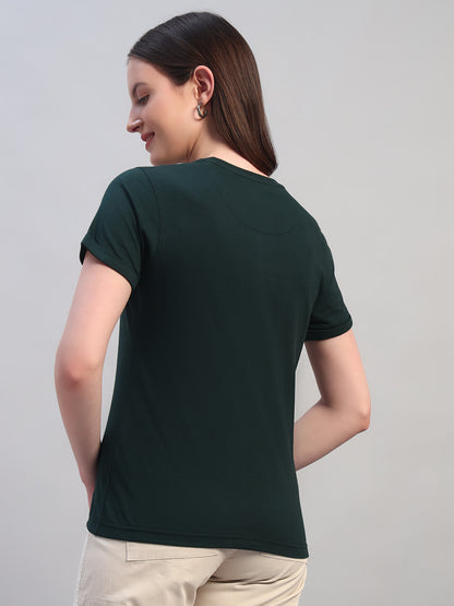 Women's Printed Bottle Green Round Neck Half Sleeves Casual T-Shirt