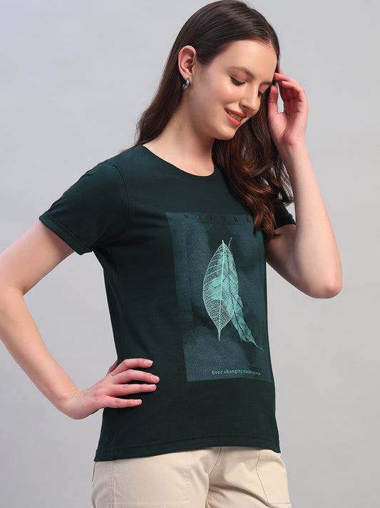 Women's Printed Bottle Green Round Neck Half Sleeves Casual T-Shirt