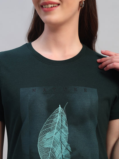 Women's Printed Bottle Green Round Neck Half Sleeves Casual T-Shirt
