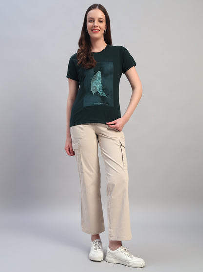 Women's Printed Bottle Green Round Neck Half Sleeves Casual T-Shirt